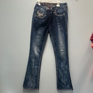 Rock Revival Blue Flare Wide Leg Jeans with Vintage Distressing